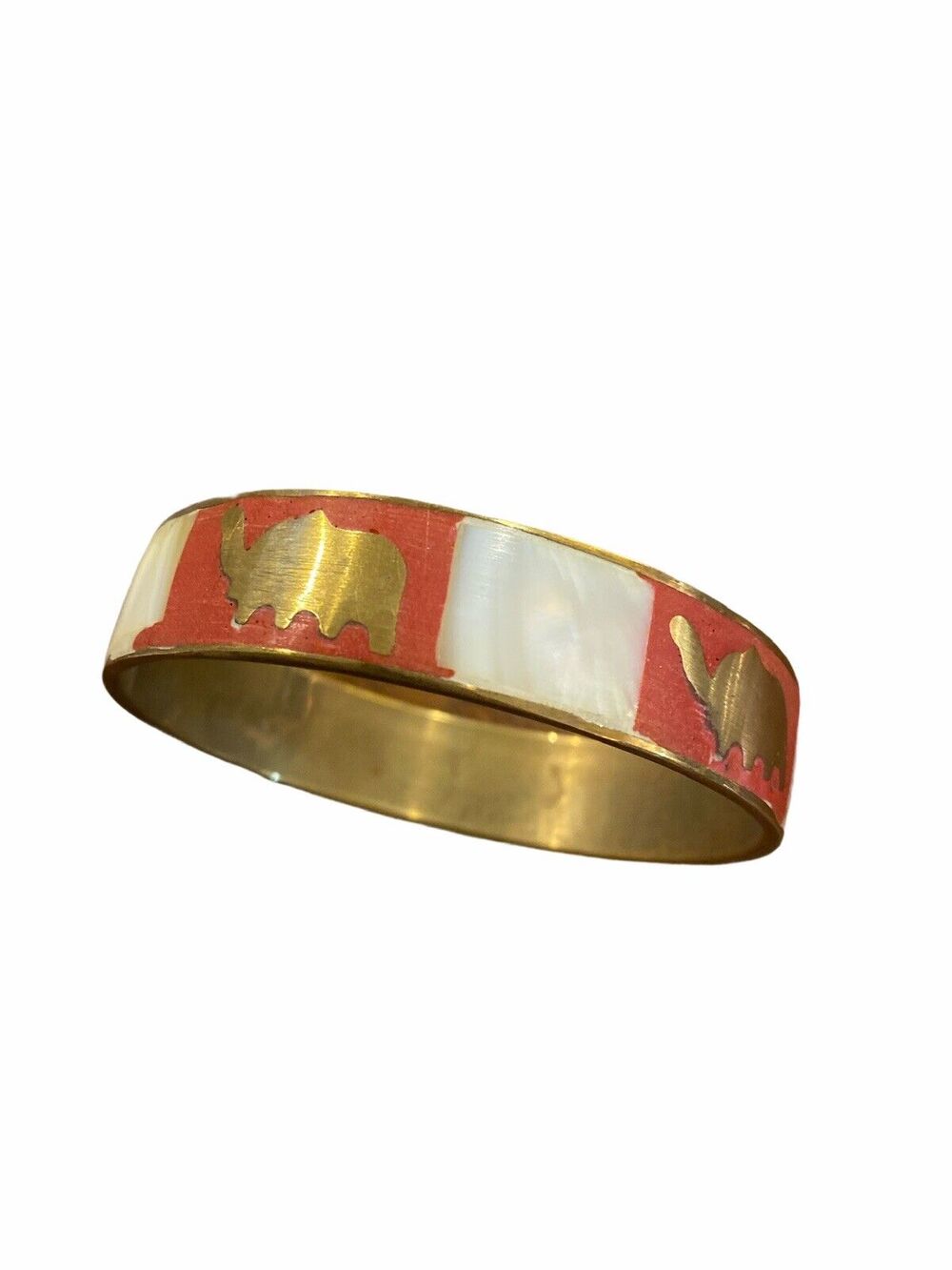 Vintage Estate Statement Brass Coral Elephant Bangle 2.75” Diameter Bracelet